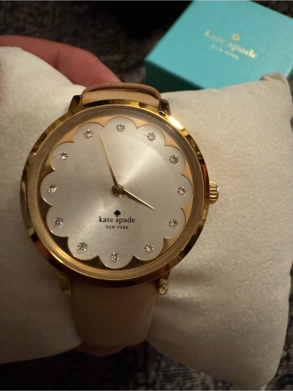 kate spade Gold Tone Scallop Dial Watch with Beige Strap and Crystal Markers